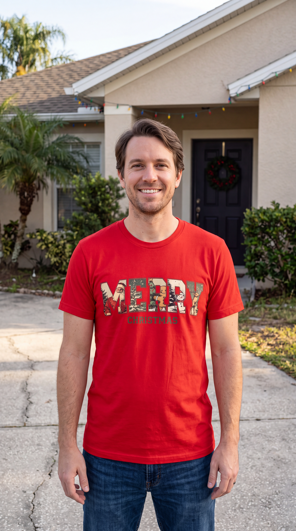 Man wearing a red Vintage Merry Christmas shirt outdoors during the holiday season.