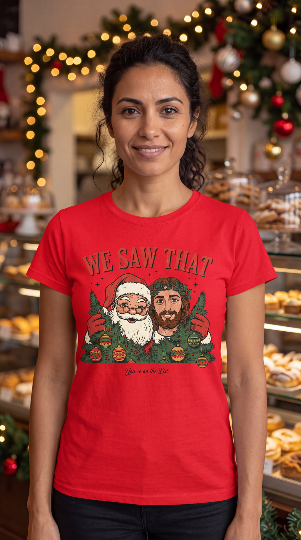 Woman wearing red We Saw That Santa and Jesus funny Christmas graphic shirt