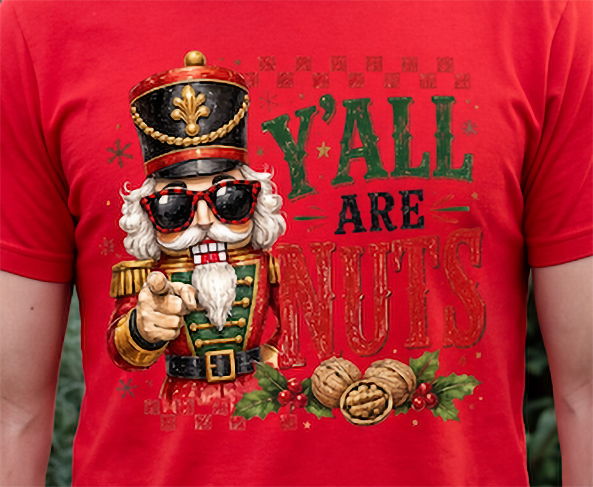 Close-up of red Y’all Are Nuts Christmas shirt featuring nutcracker, walnuts and holly artwork