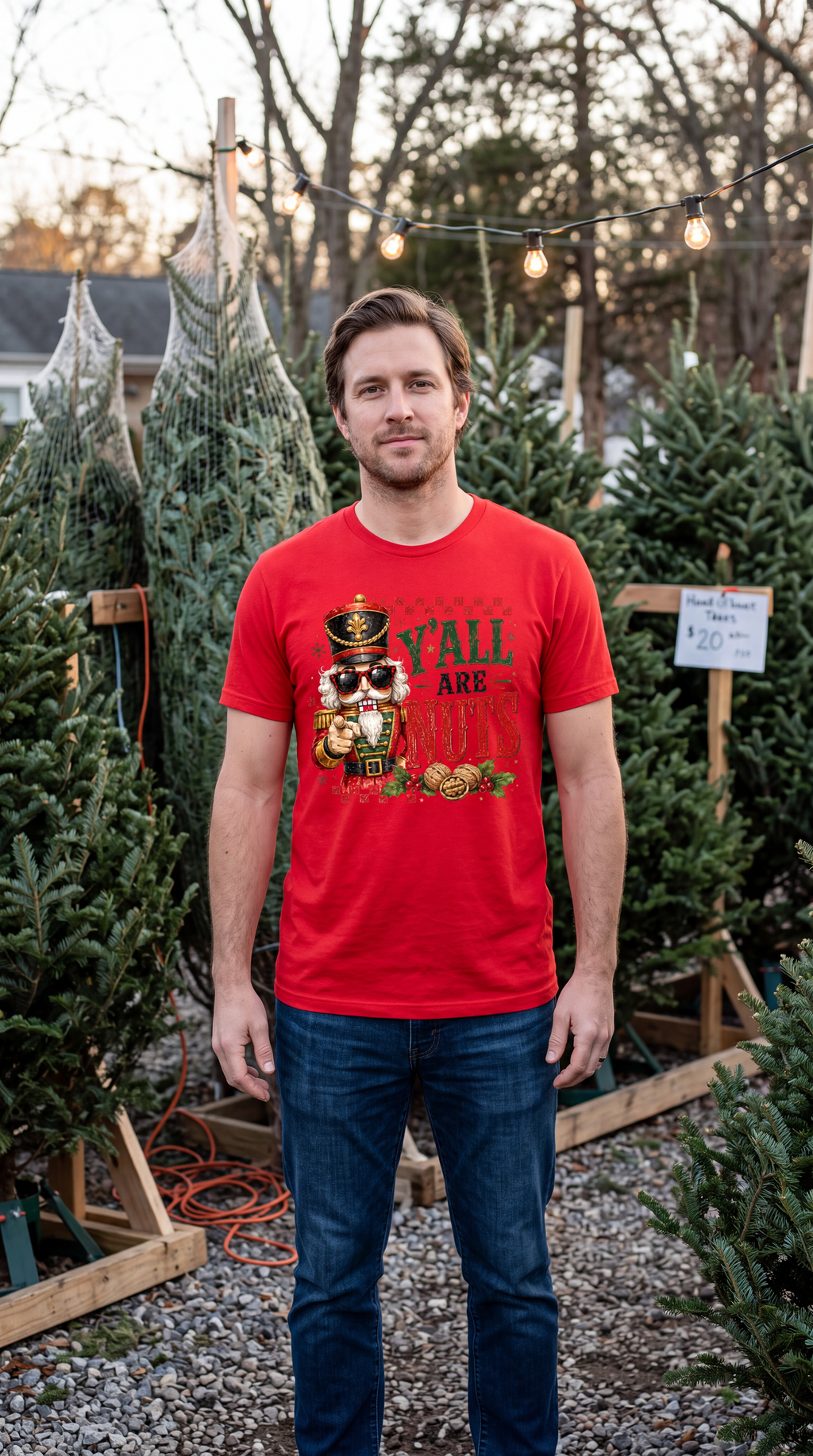 Man wearing red Y’all Are Nuts nutcracker Christmas graphic shirt outdoors during the holiday season.
