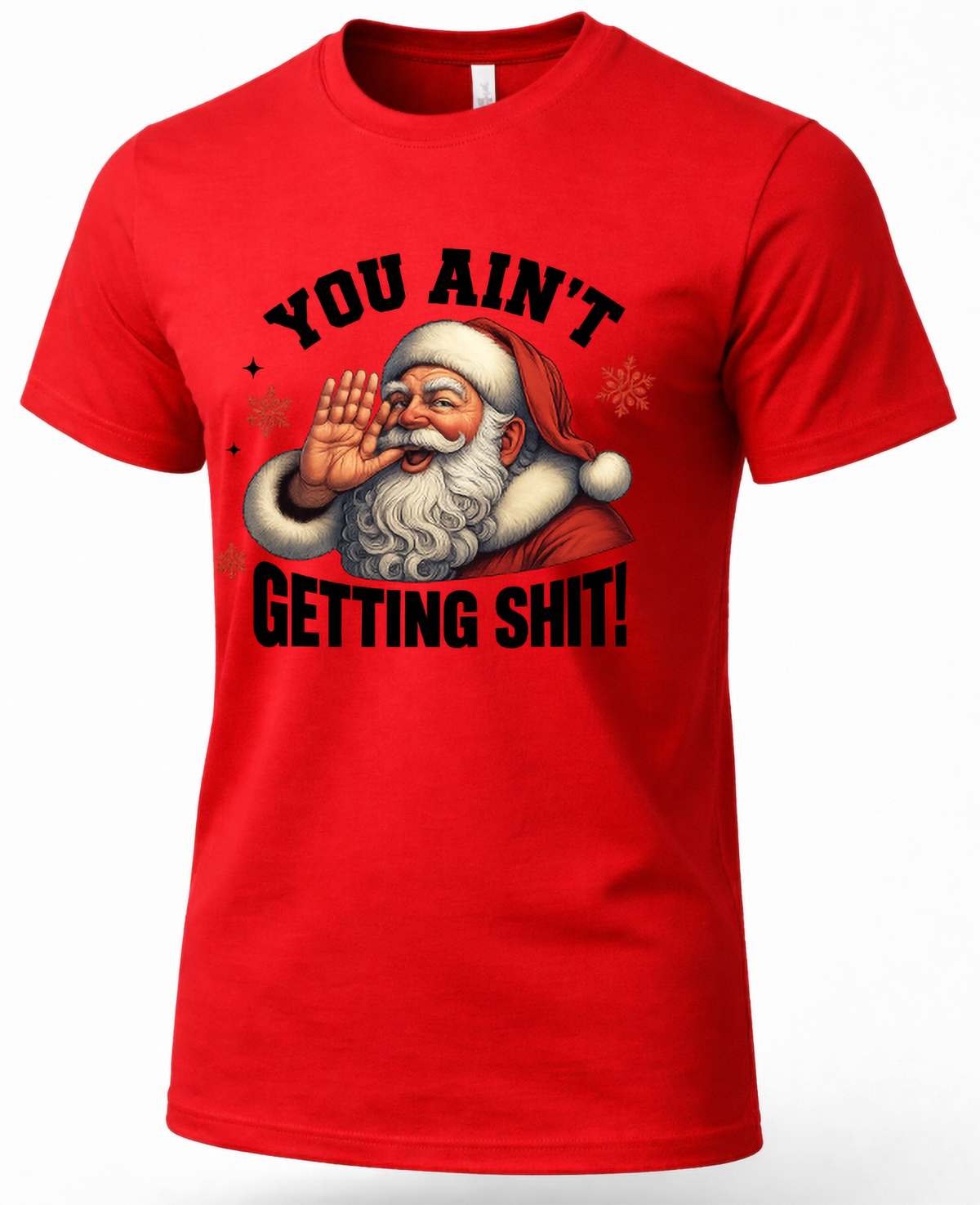 Red Mockup: Red unisex Christmas t-shirt featuring a vintage Santa Claus graphic with bold sarcastic holiday lettering.