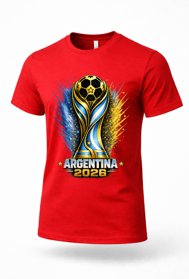Red Argentina 2026 soccer fan graphic tee mockup with gold and blue football trophy artwork