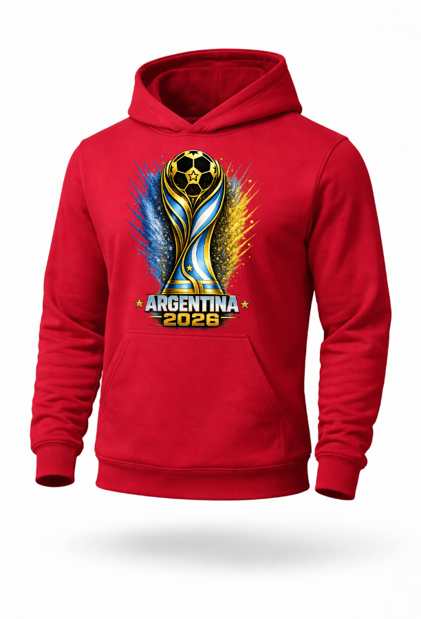 Red Argentina 2026 soccer graphic hoodie mockup featuring football-inspired trophy artwork
