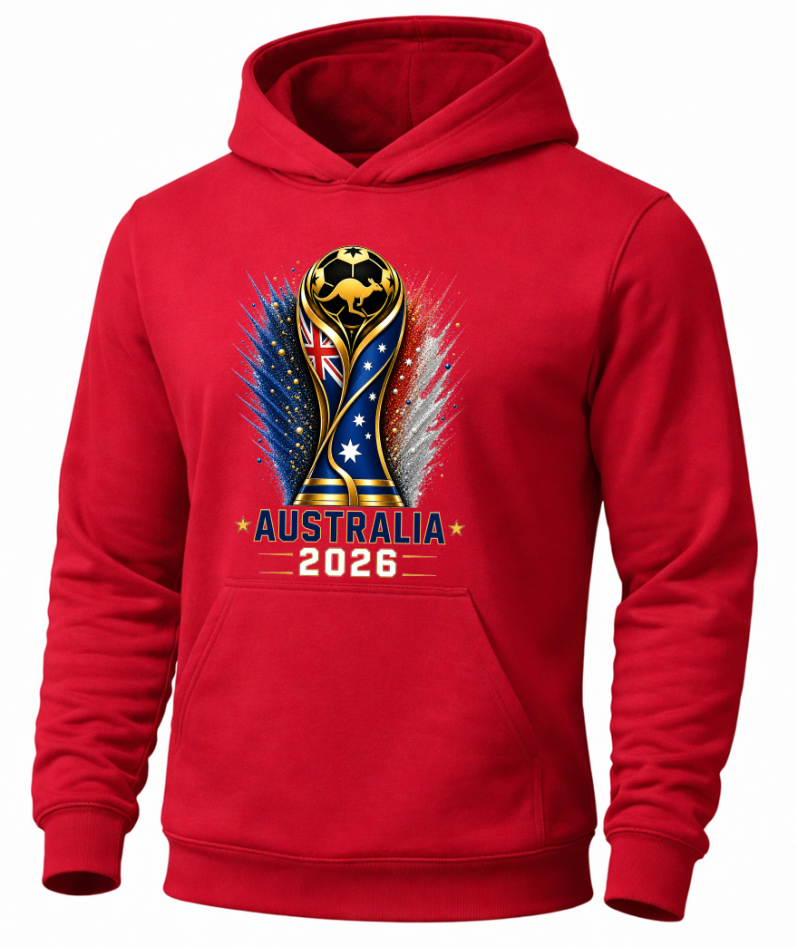 Red hoodie with Australia 2026 design featuring a trophy and Australian flag.