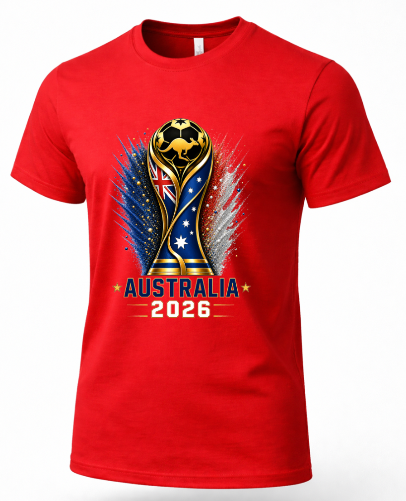 Red t-shirt with a soccer trophy design featuring Australia's flag and '2026' text on a white background.