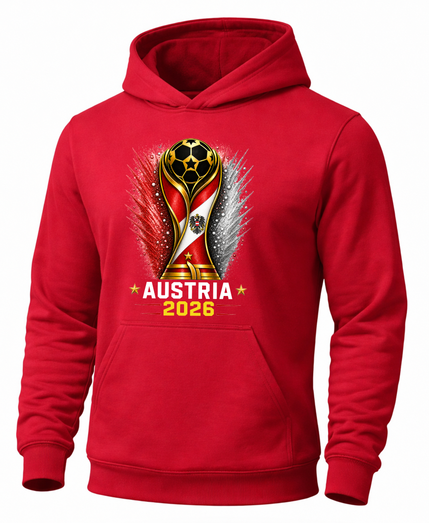 Red hoodie with a trophy design and 'Austria 2026' text on a white background
