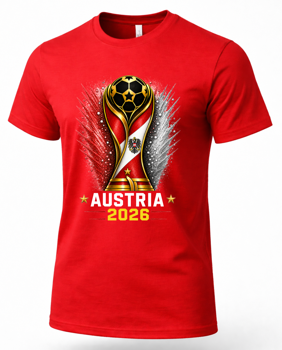 Red t-shirt with a trophy design and 'Austria 2026' text on a white background