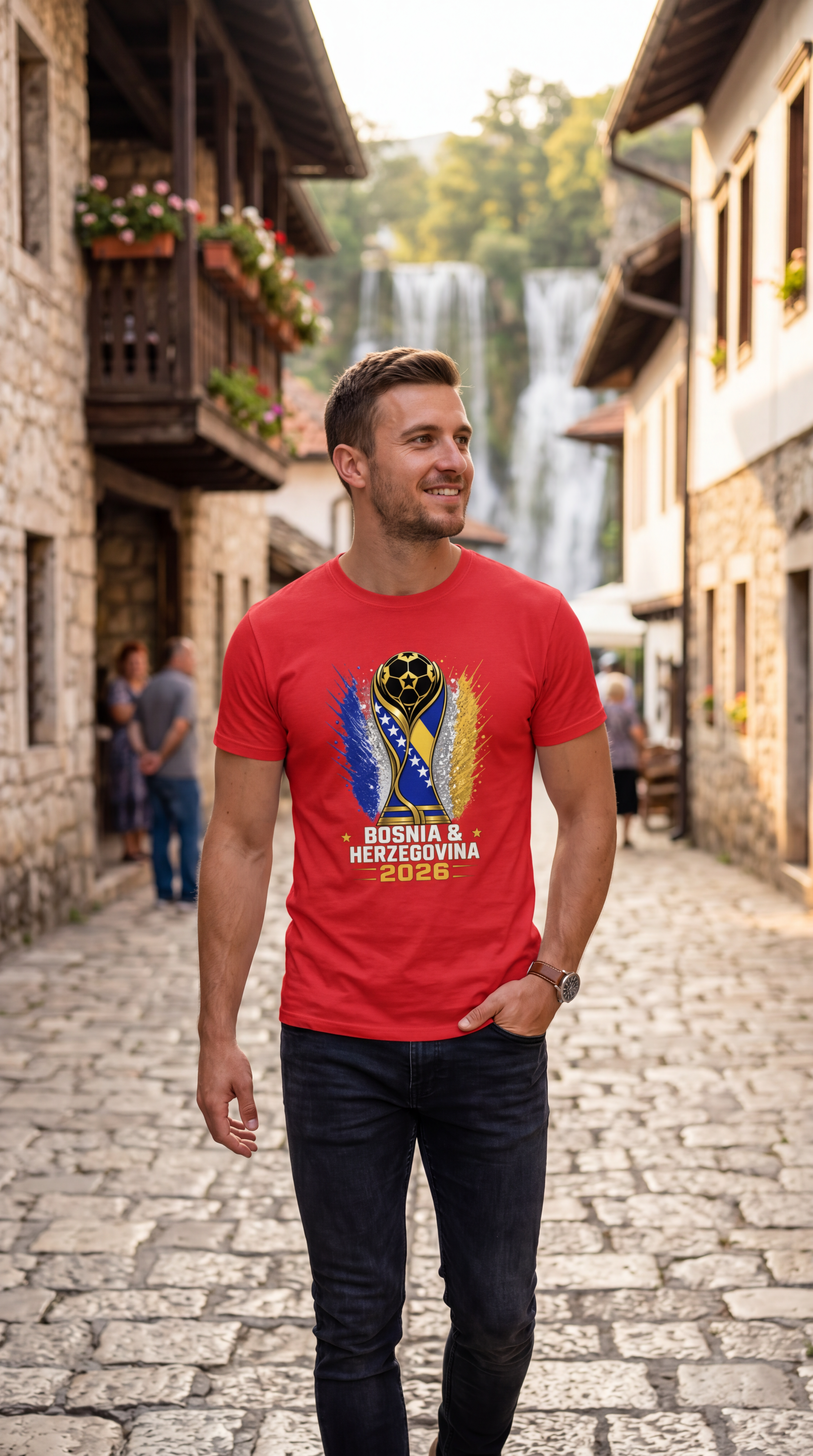 Man wearing a red t-shirt with a graphic design standing in a stone alleyway with a waterfall in the background.