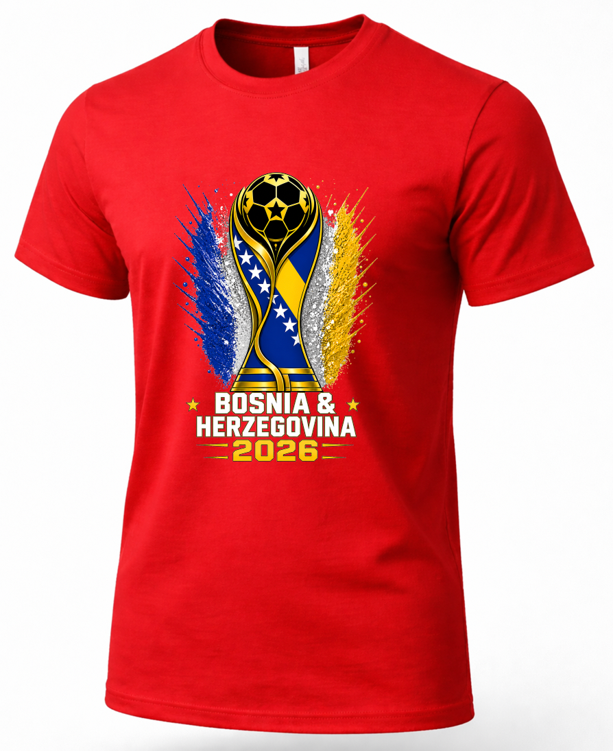 Red t-shirt with Bosnia and Herzegovina 2026 design on a white background