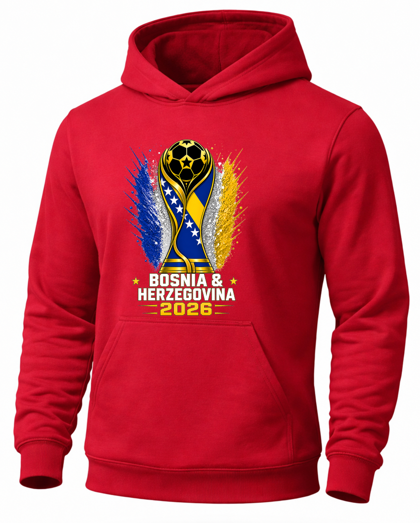 Red hoodie with Bosnia & Herzegovina 2026 design on a white background