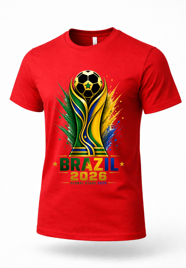 Red Brazil 2026 soccer fan shirt featuring green yellow blue and gold football-inspired graphic design on premium streetwear tee