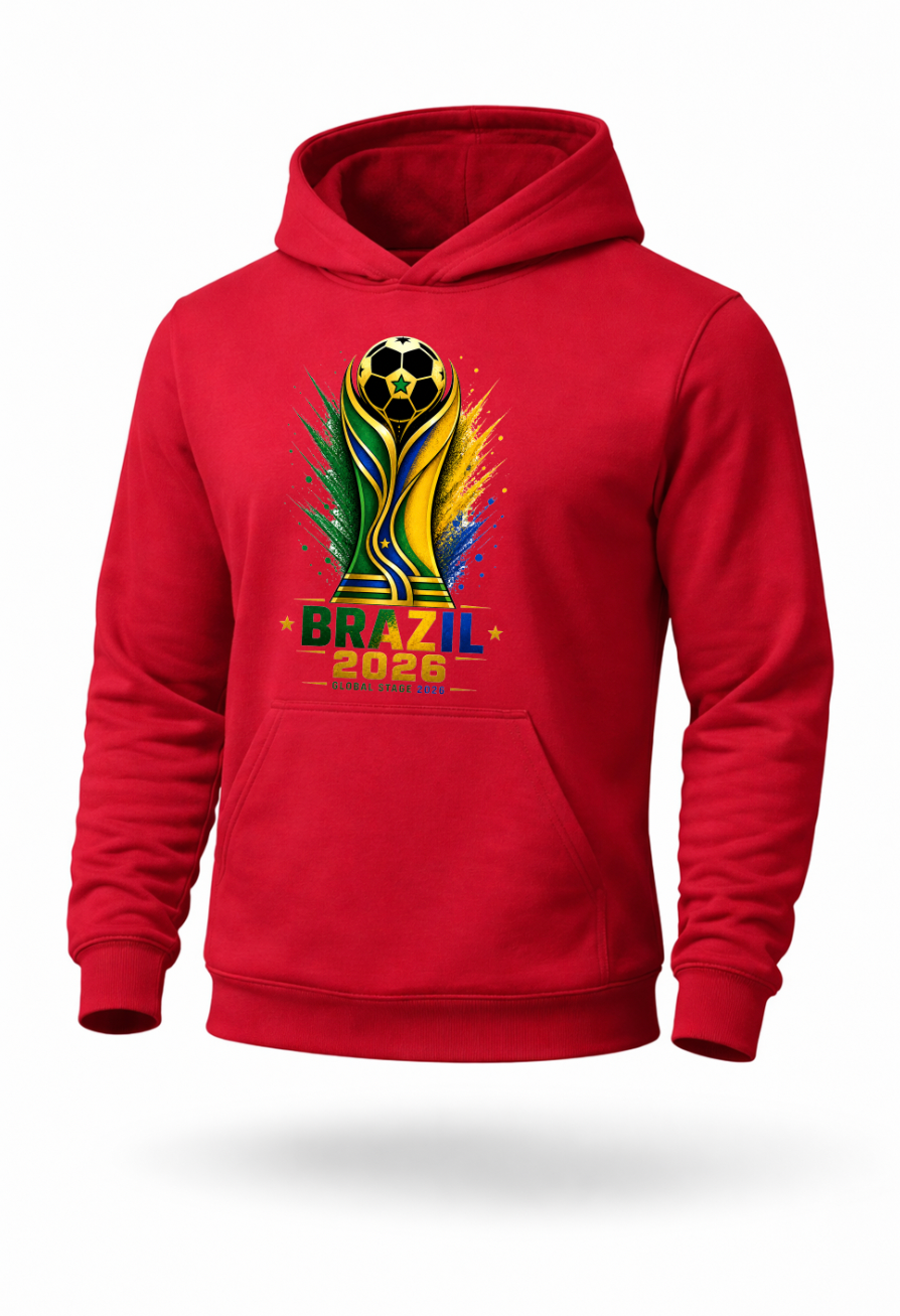 Red Brazil 2026 soccer hoodie featuring green yellow blue and gold football-inspired graphic design on premium streetwear pullover hoodie