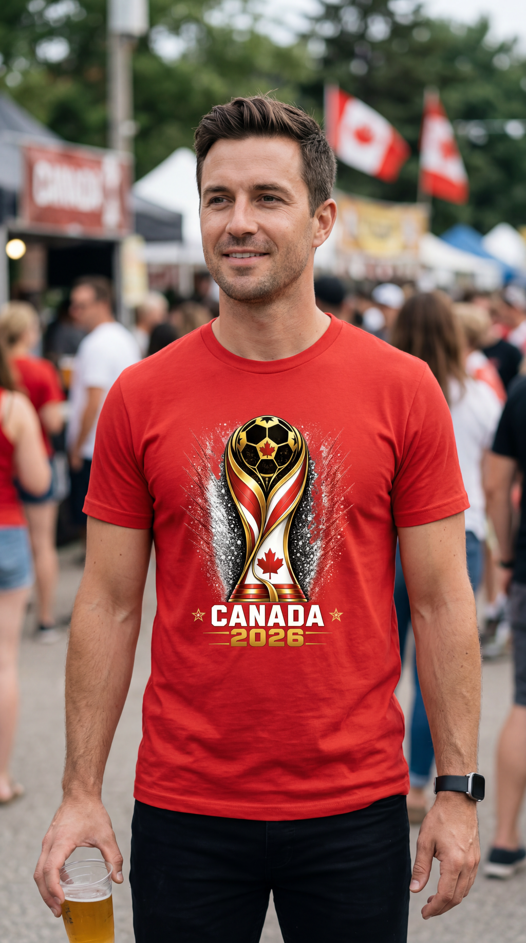 Red Canada soccer shirt worn by supporter at outdoor festival event
