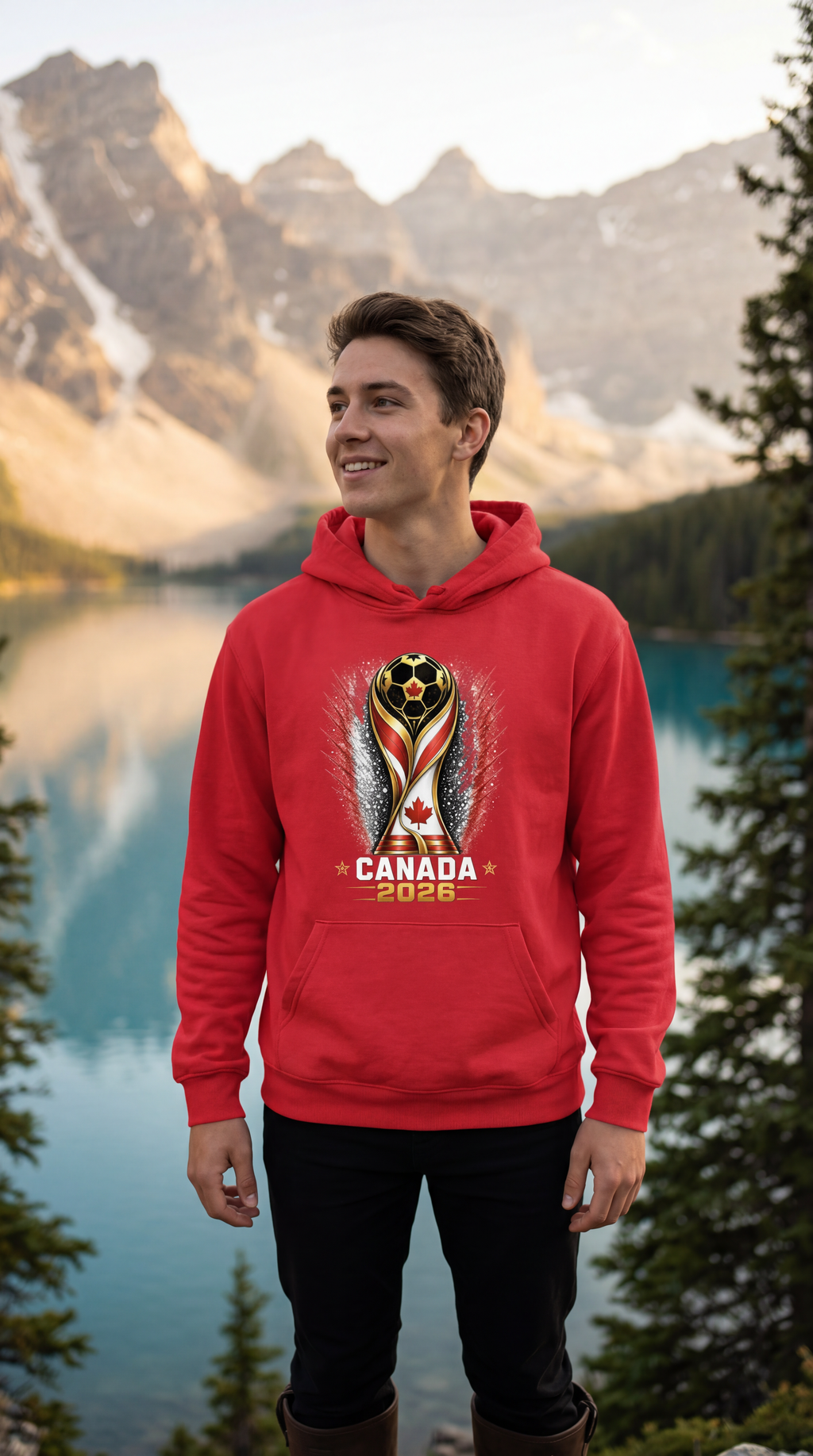 Red Canada soccer supporter hoodie worn outdoors near mountain lake