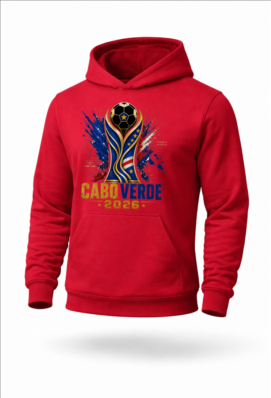 Red Cape Verde soccer hoodie featuring Cabo Verde football inspired artwork