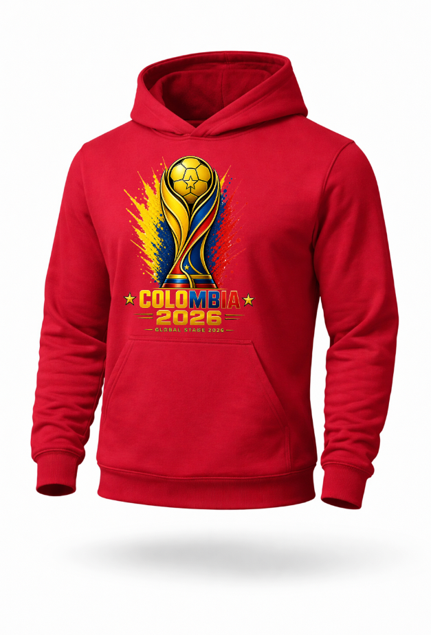 Red Colombia 2026 football supporter hoodie mockup with yellow blue and red artwork