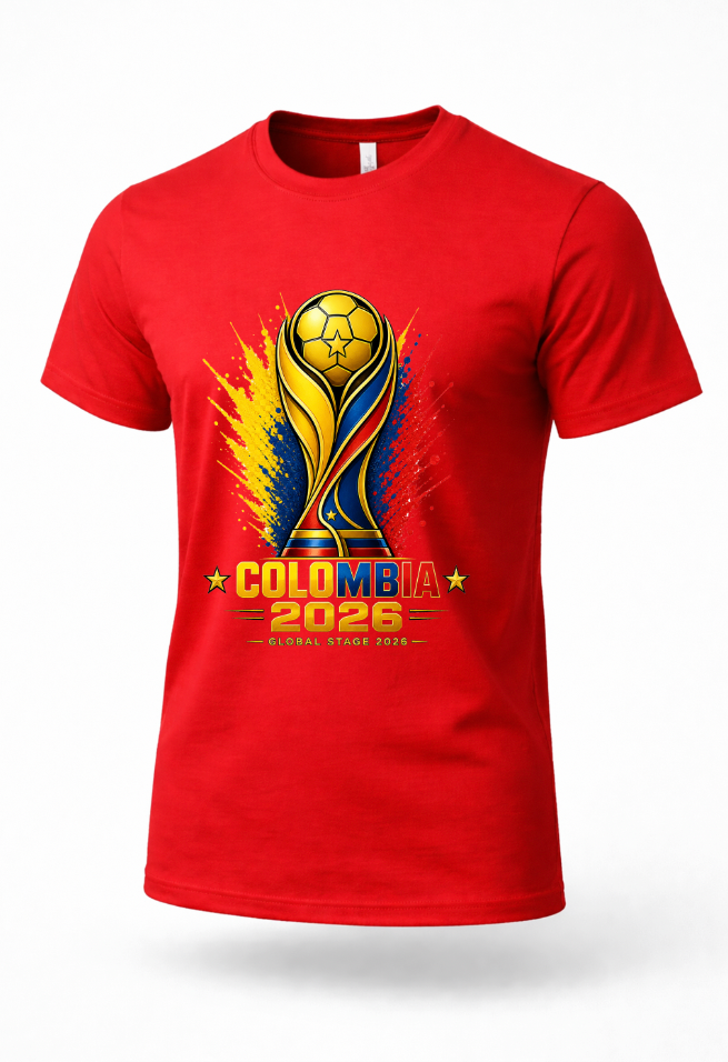 Red Colombia 2026 soccer streetwear t-shirt mockup with Colombia-inspired football artwork