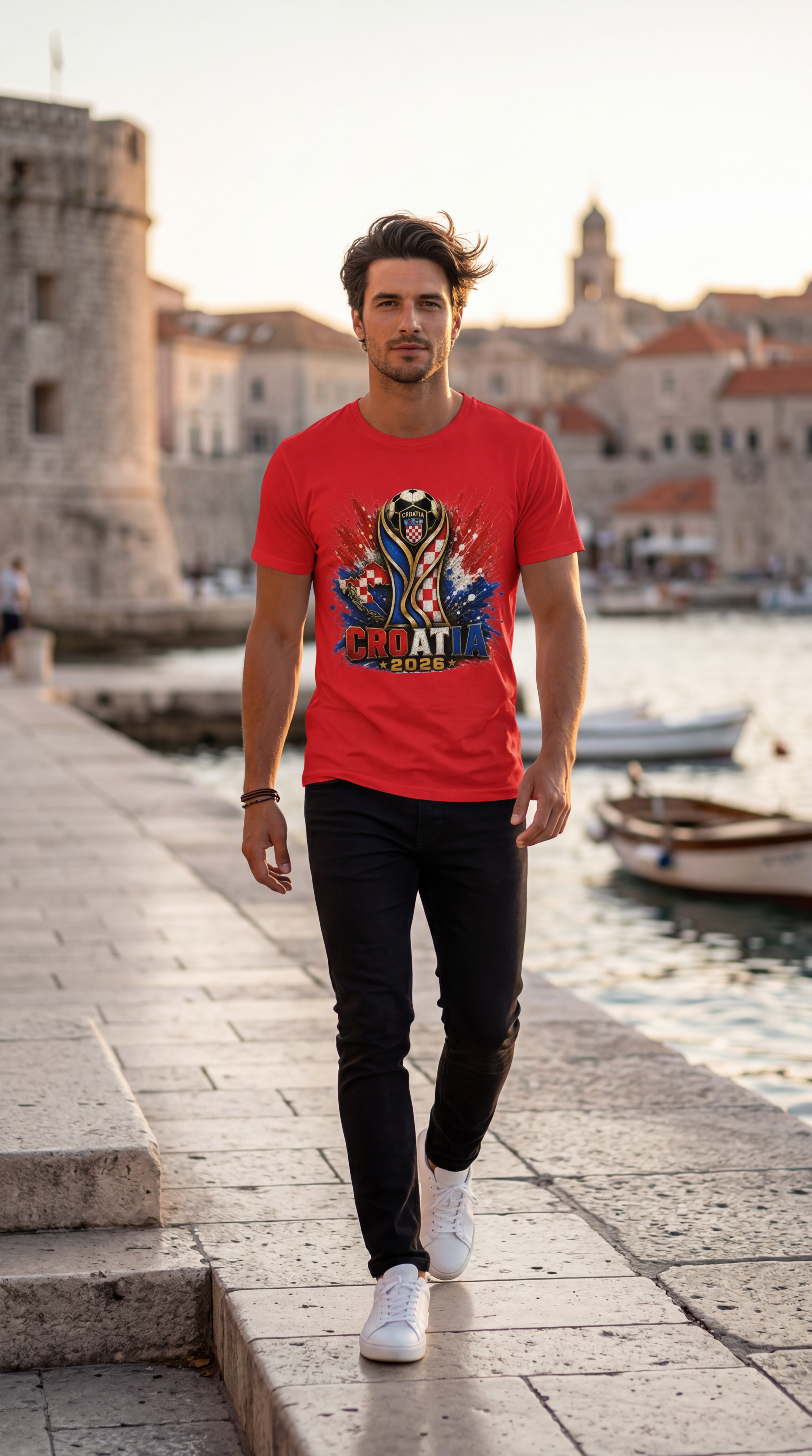 Red Croatia soccer supporter shirt worn by male model near Dubrovnik harbor