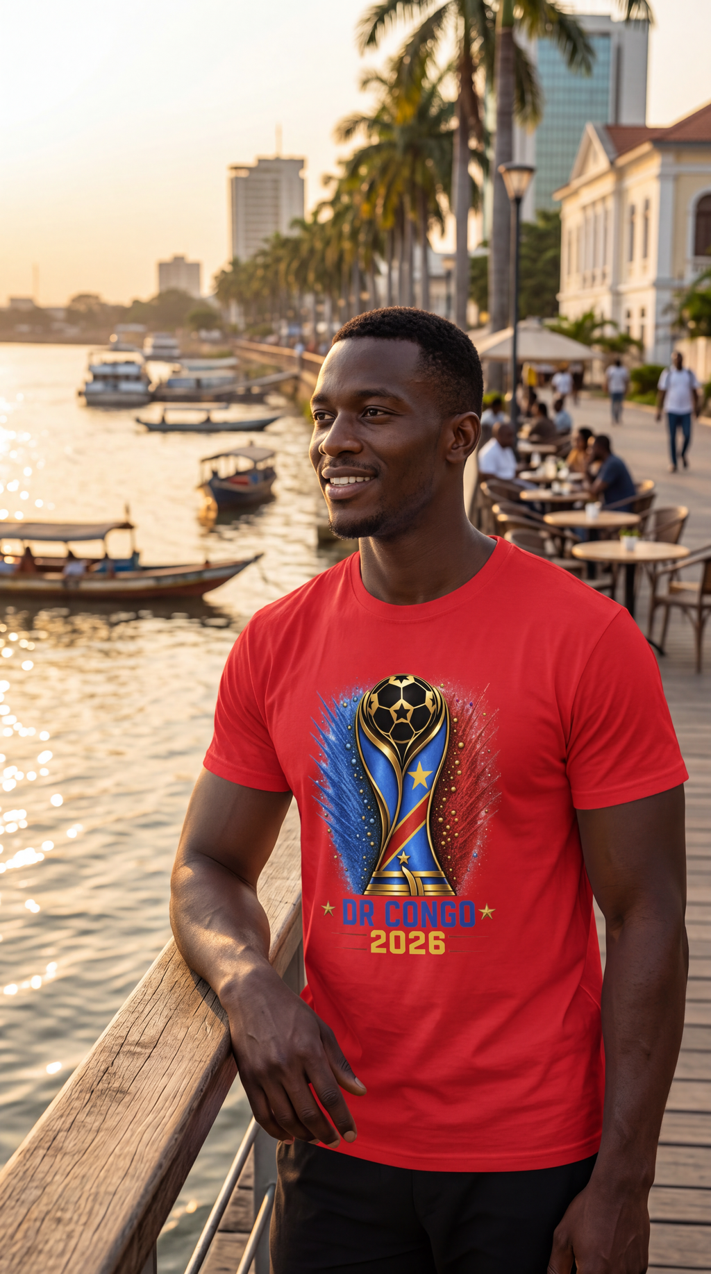 Man wearing a red t-shirt with a logo and text, standing by a waterfront with palm trees and buildings in the background.