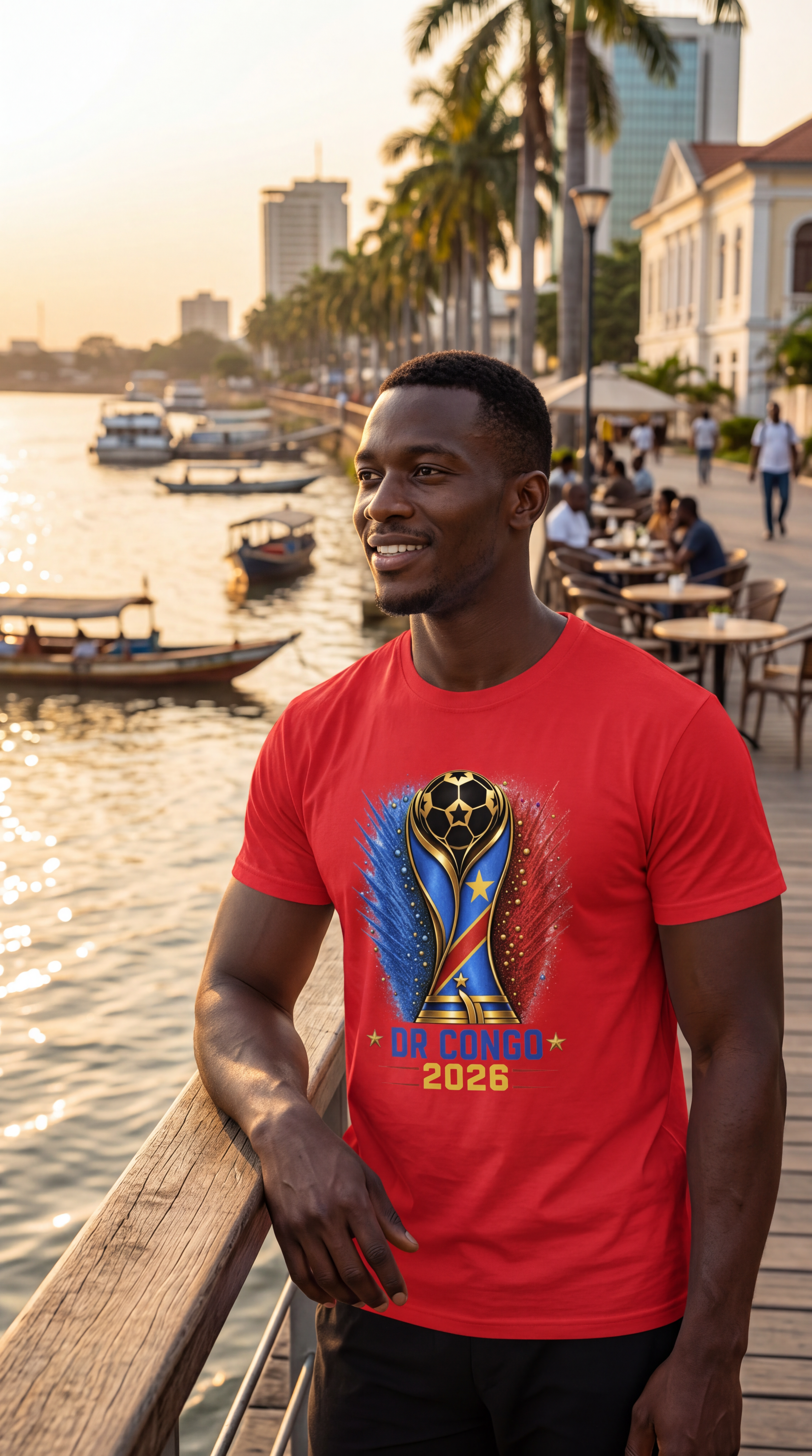 Man wearing a red t-shirt with a logo and text, standing by a waterfront with palm trees and buildings in the background.
