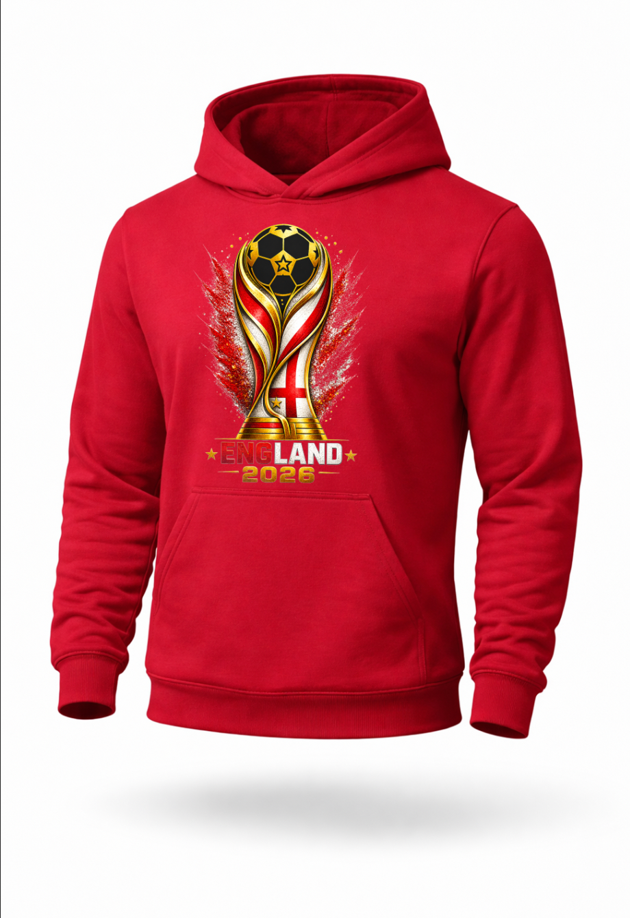 Red England 2026 football hoodie mockup with England supporter artwork