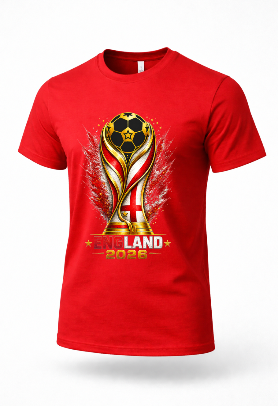Red England 2026 soccer fan shirt mockup with tournament-inspired football design
