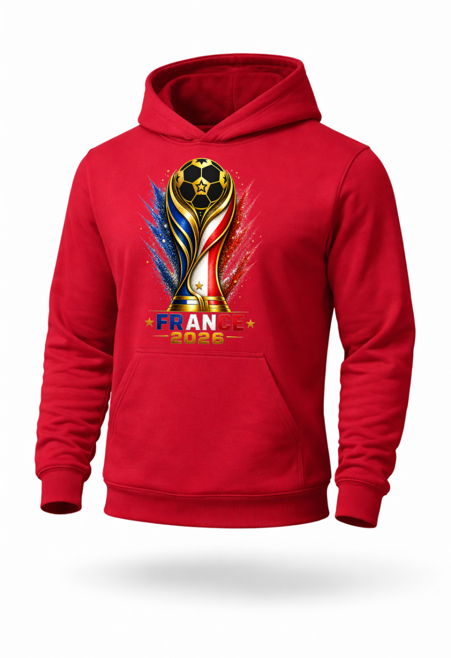 Red France 2026 football fan hoodie mockup inspired by French soccer culture