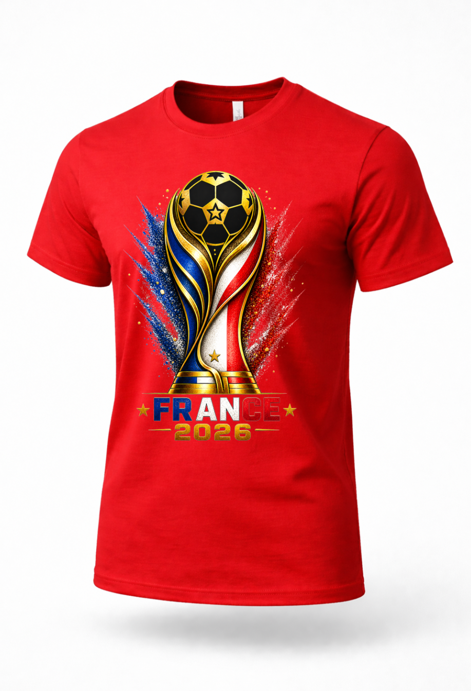 Red France 2026 soccer fan shirt mockup with tournament-inspired football design