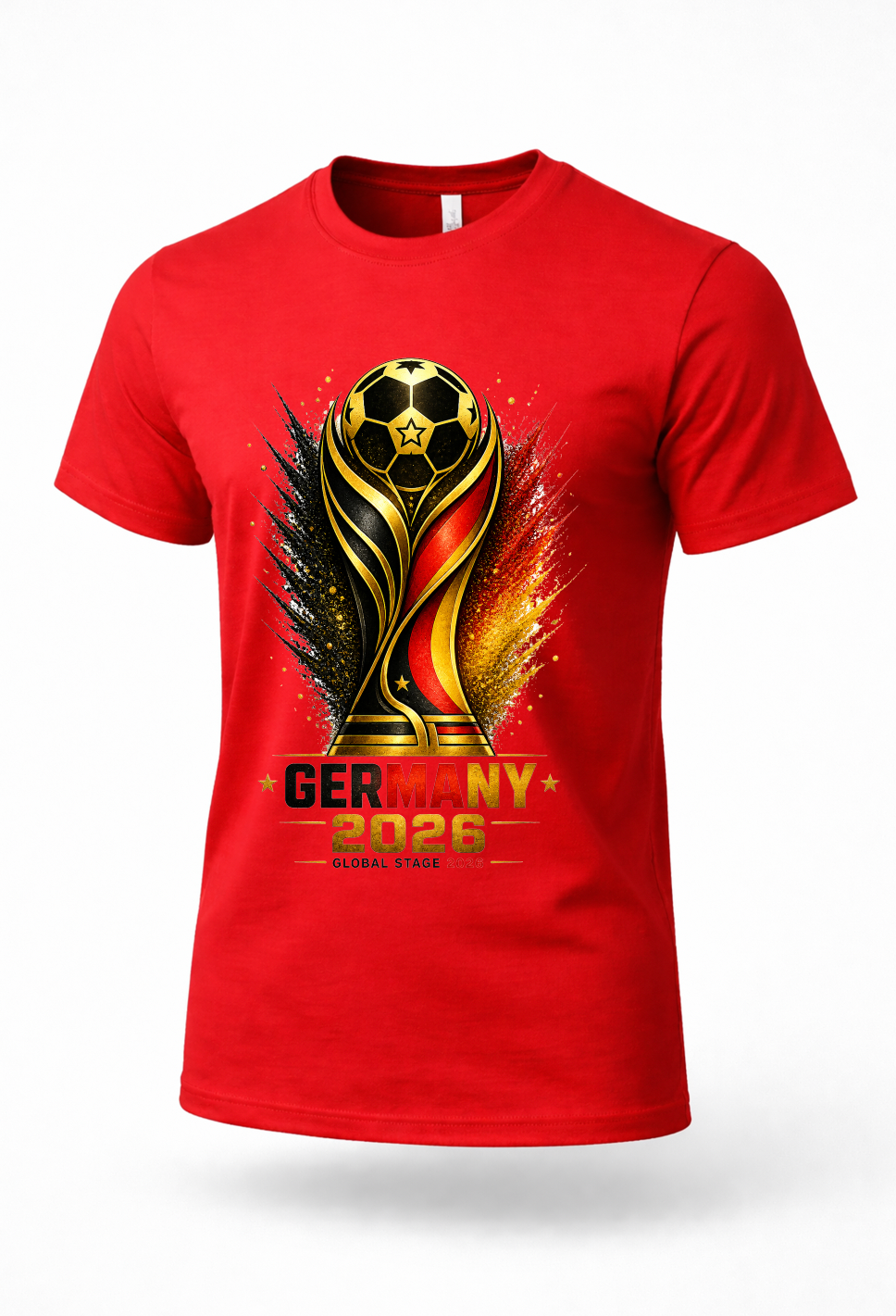 Red Germany 2026 soccer fan shirt mockup with tournament-inspired football design