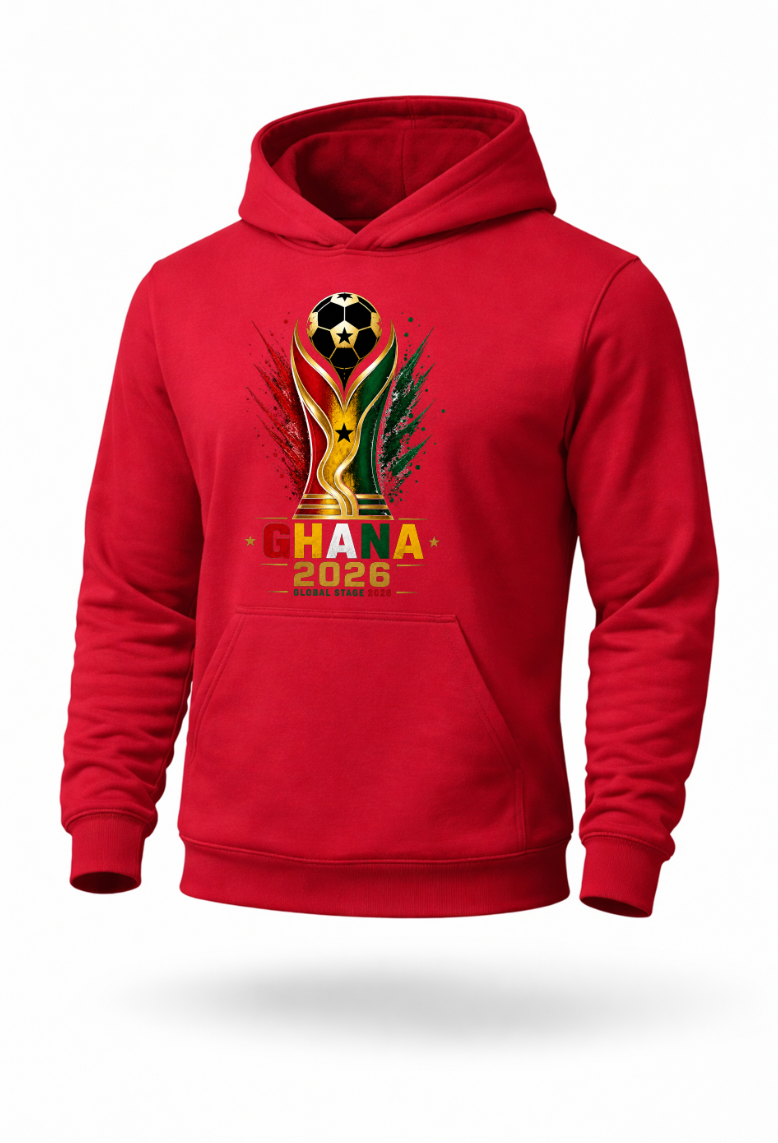 Red Ghana soccer supporter hoodie featuring Ghana 2026 football-inspired trophy artwork