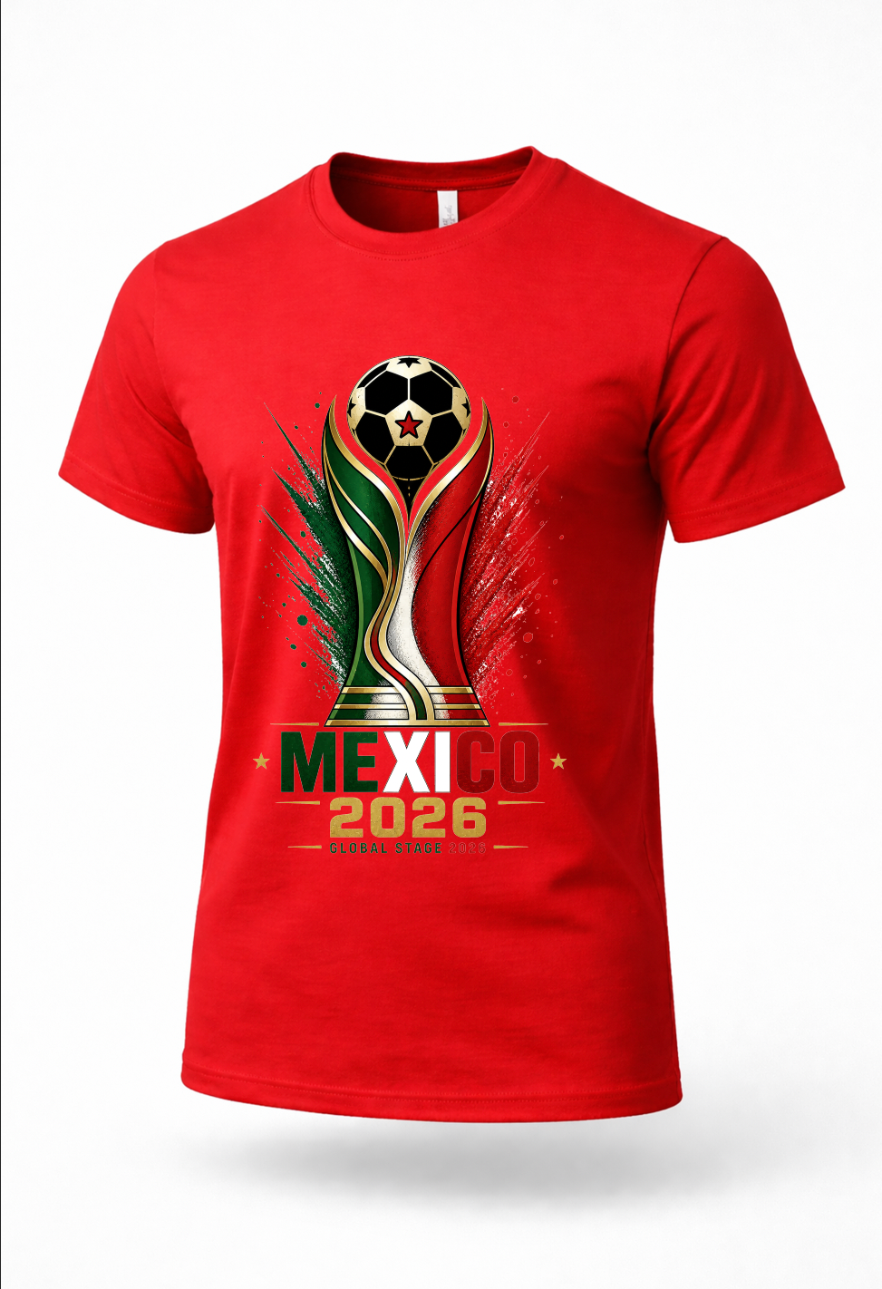 Red Mexico 2026 football fan t-shirt featuring bold patriotic green white and red soccer-inspired graphic artwork on premium streetwear tee