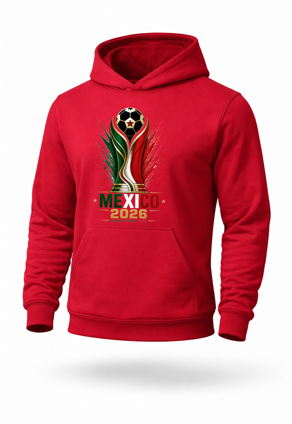 Red Mexico 2026 soccer hoodie featuring patriotic green white red and gold football-inspired graphic design on premium streetwear pullover hoodie