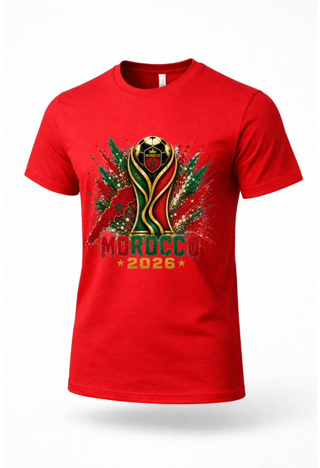 Red Morocco soccer shirt mockup featuring Morocco 2026 tournament design