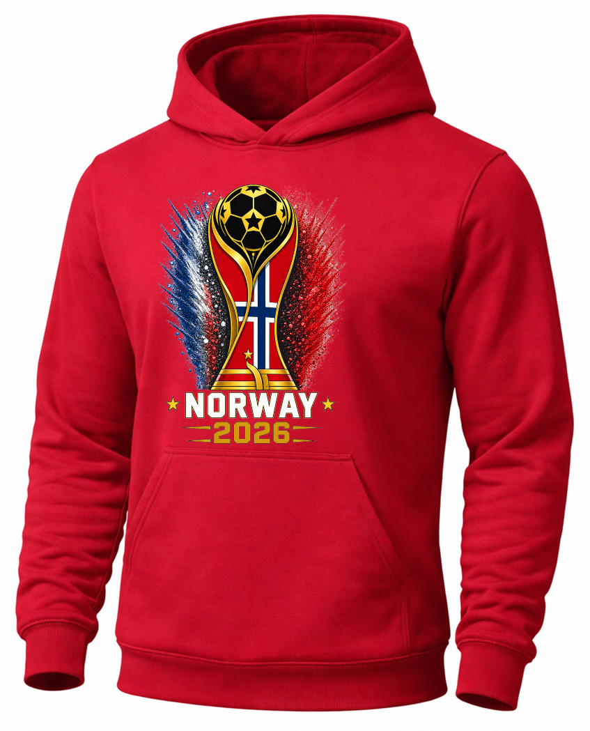 Red hoodie with a design of a trophy and 'Norway 2026' text on a white background