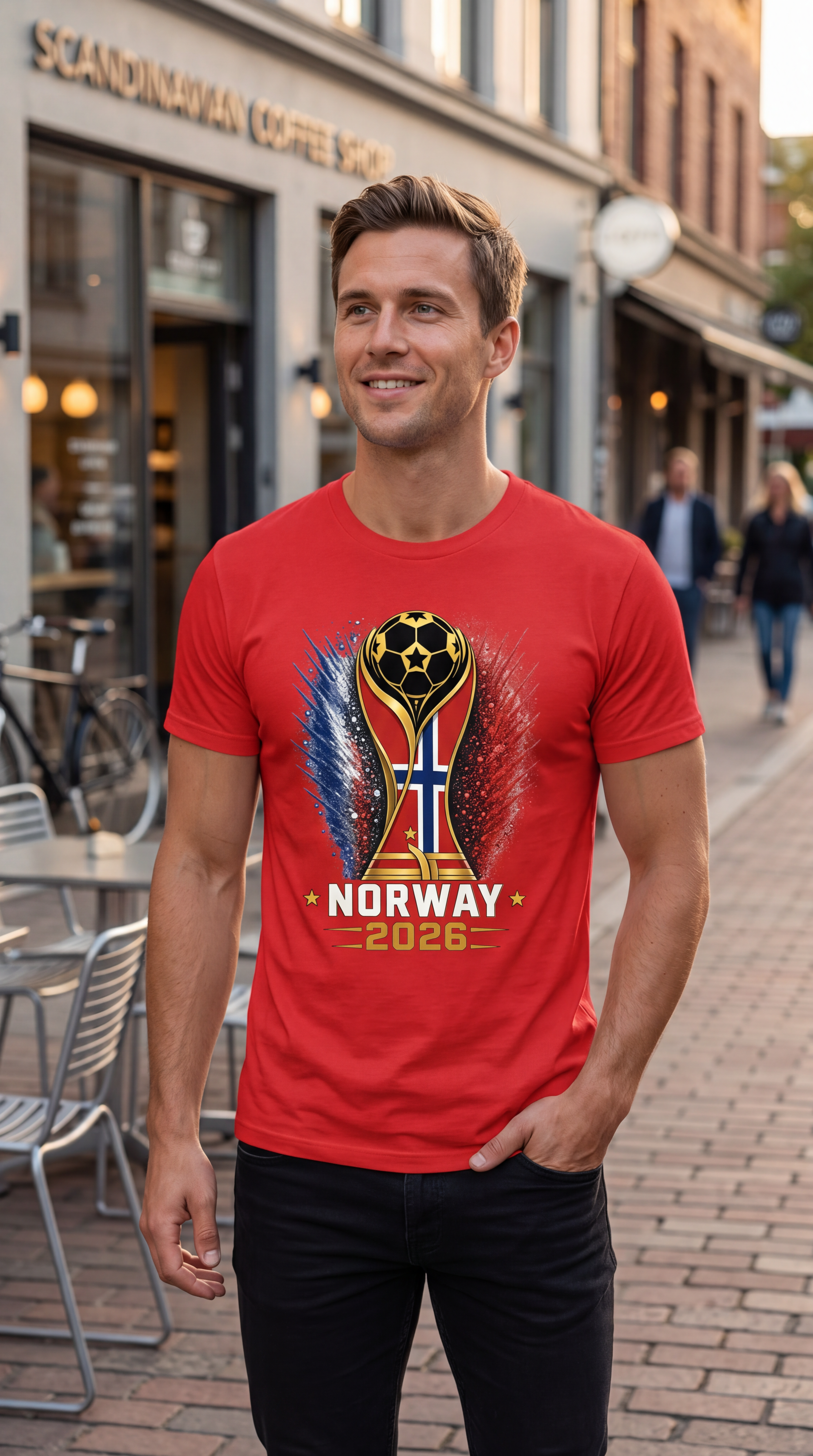 Man wearing a red t-shirt with a Norway design standing on a street.