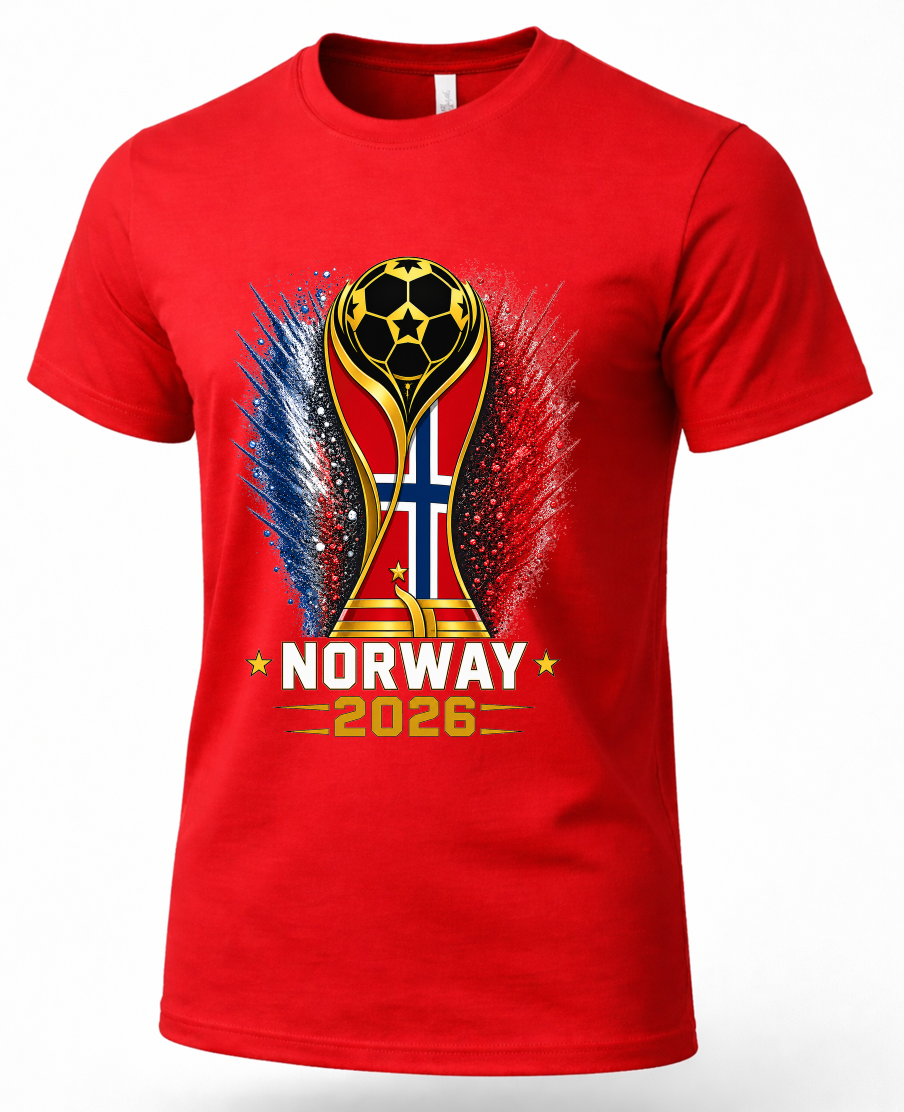 Red t-shirt with a soccer trophy design featuring Norway's flag and '2026' text on a white background.