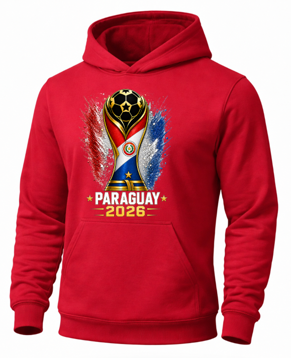 Red hoodie with Paraguayan flag and 2026 World Cup design on a white background