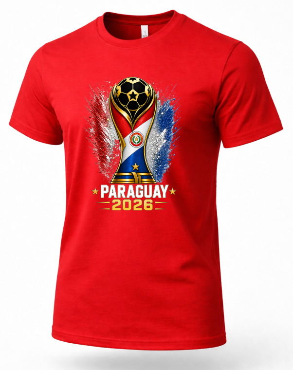 Red t-shirt with Paraguay 2026 World Cup design on a white background