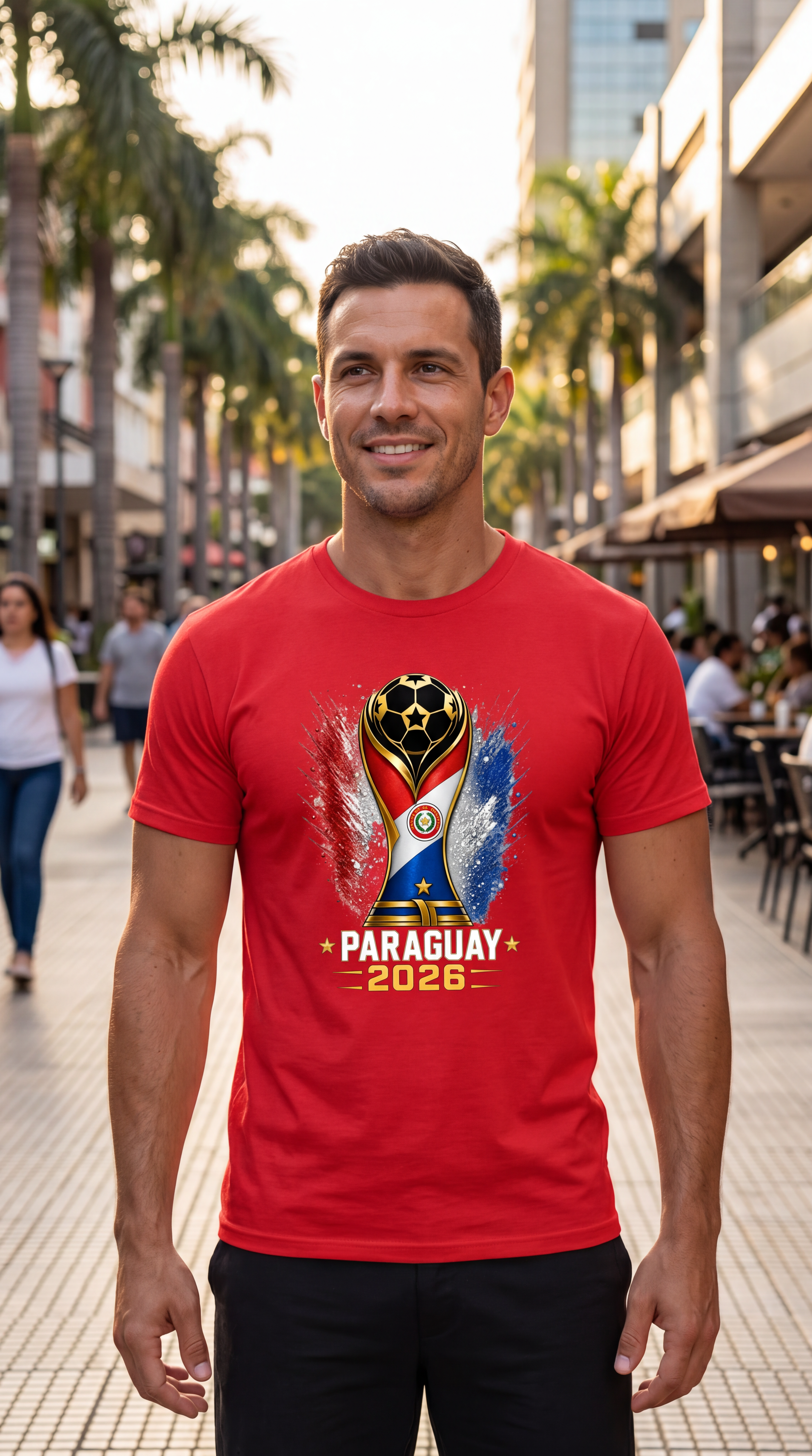 Man wearing a red t-shirt with South Africa 2026 World Cup design on a city street.