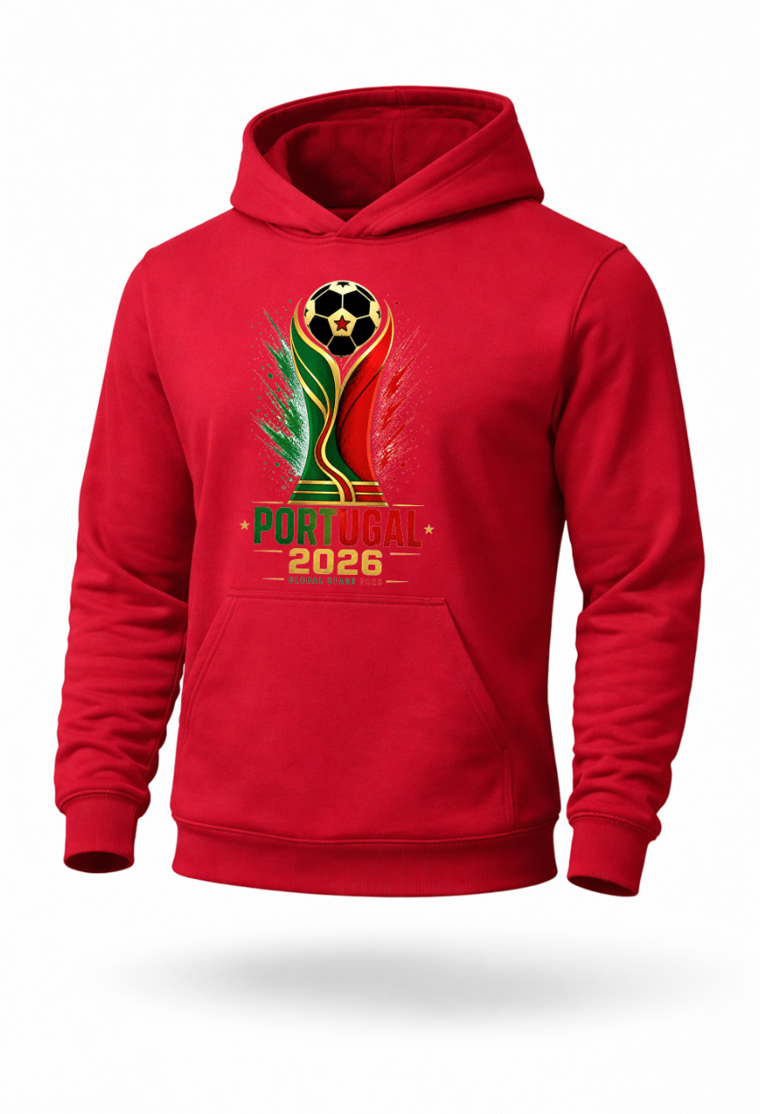 Red Portugal 2026 football hoodie mockup featuring Portugal soccer fan graphic print