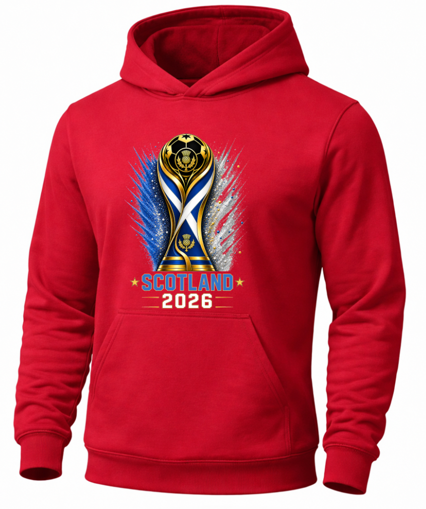 Red hoodie with a design of a trophy and 'Scotland 2026' text on a white background