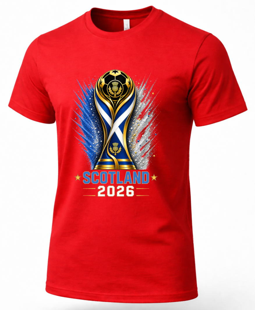 Red t-shirt with a Scotland 2026 graphic design on a white background