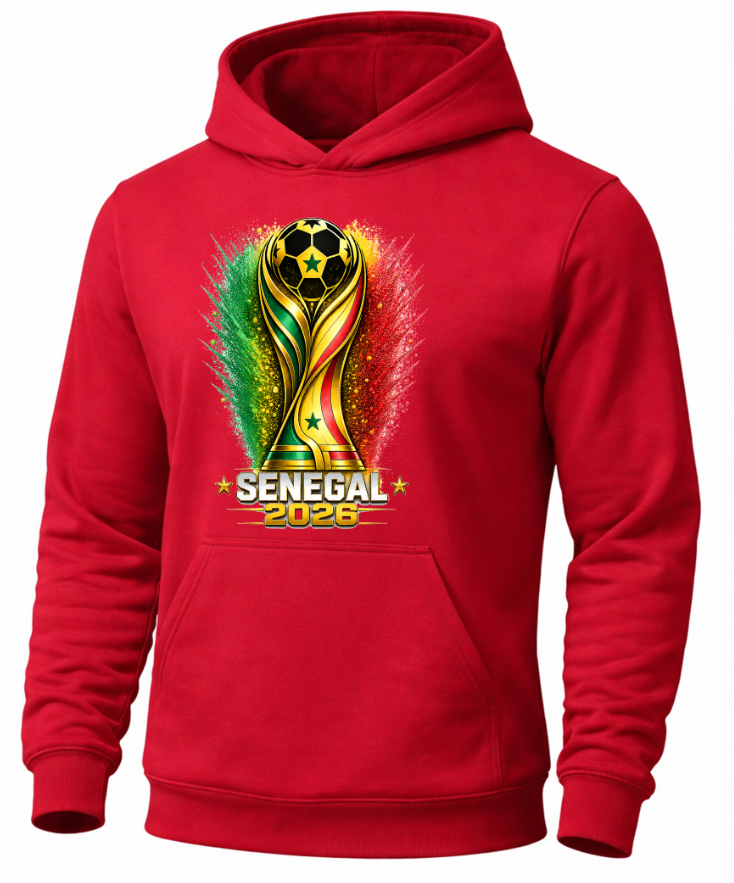 Red hoodie with a soccer trophy design and 'Senegal 2026' text on a white background
