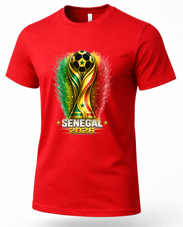 Red t-shirt with a colorful trophy design and 'Senegal 2026' text on a white background