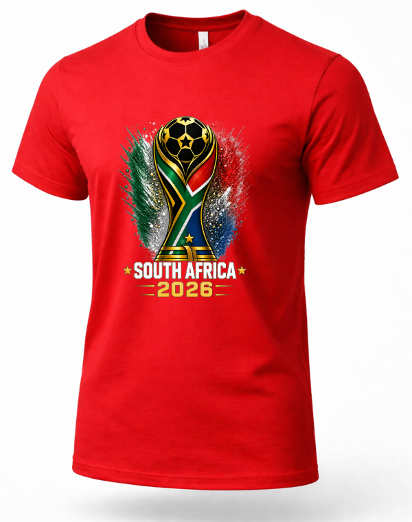 Red t-shirt with South Africa 2026 design on a white background