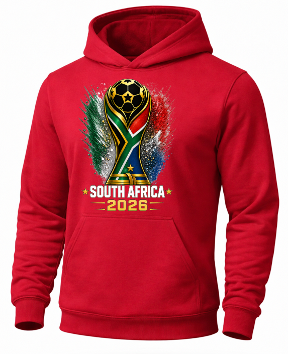 Red hoodie with South Africa 2026 World Cup design on a white background