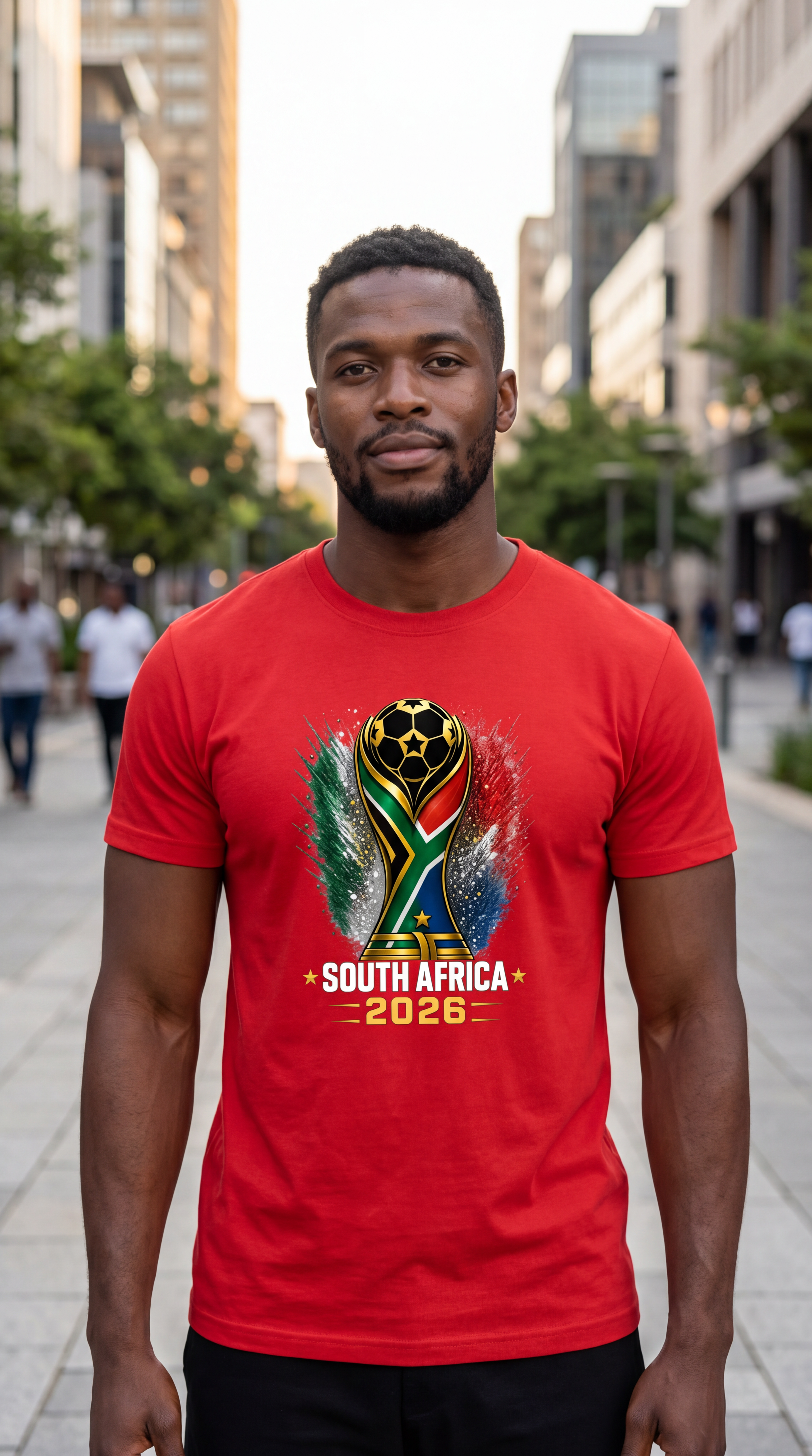 Man wearing a red t-shirt with South Africa 2026 World Cup design in an urban setting