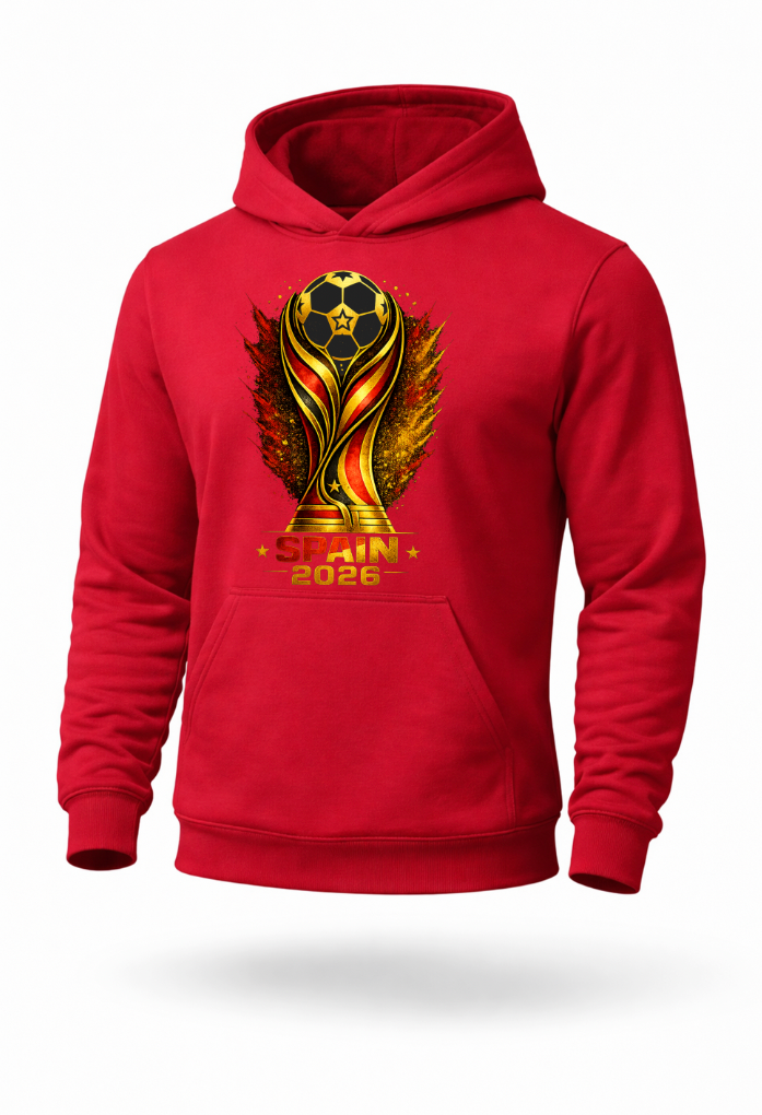 Red Spain 2026 football supporter hoodie mockup with bold gold and red graphic print