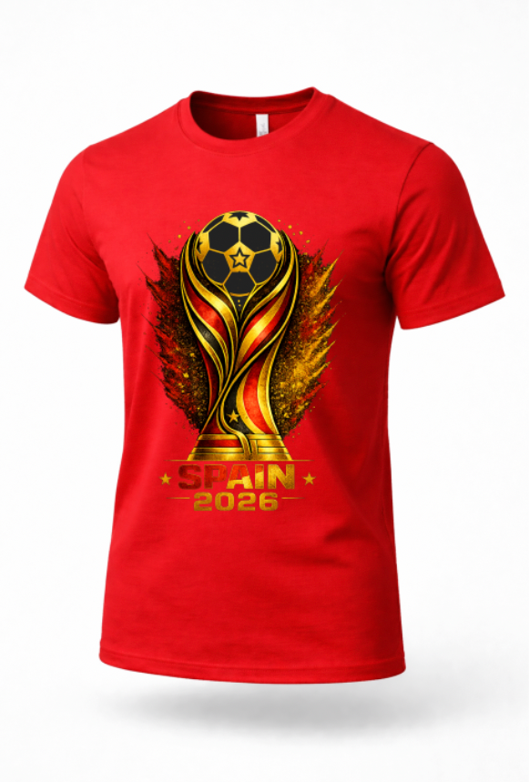 Red Spain 2026 soccer streetwear T-shirt mockup featuring football-inspired Spain fan artwork