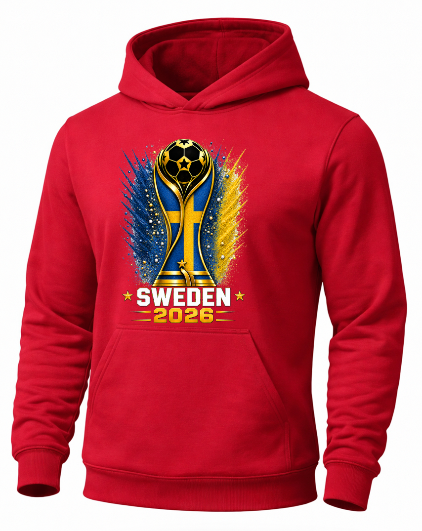 Red hoodie with Sweden 2026 design on a white background